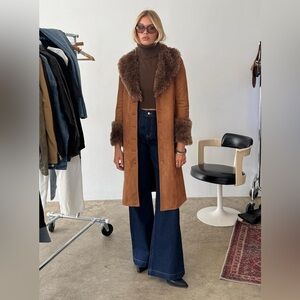 Classic Faux-Shearling Long Coat - Brown